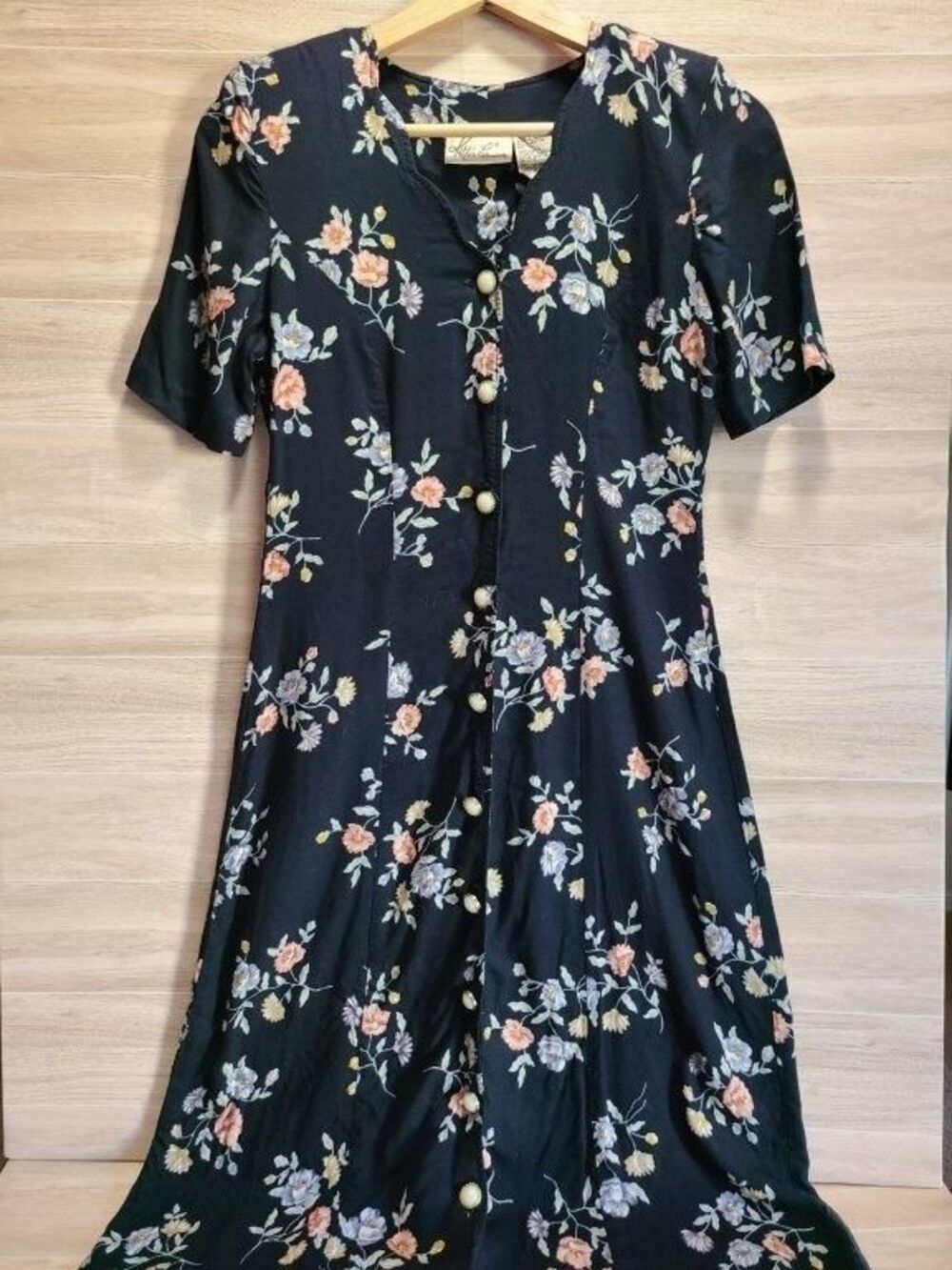 Vintage Kathie Lee Navy Floral Midi Dress Size 4 Cottagecore Button Front